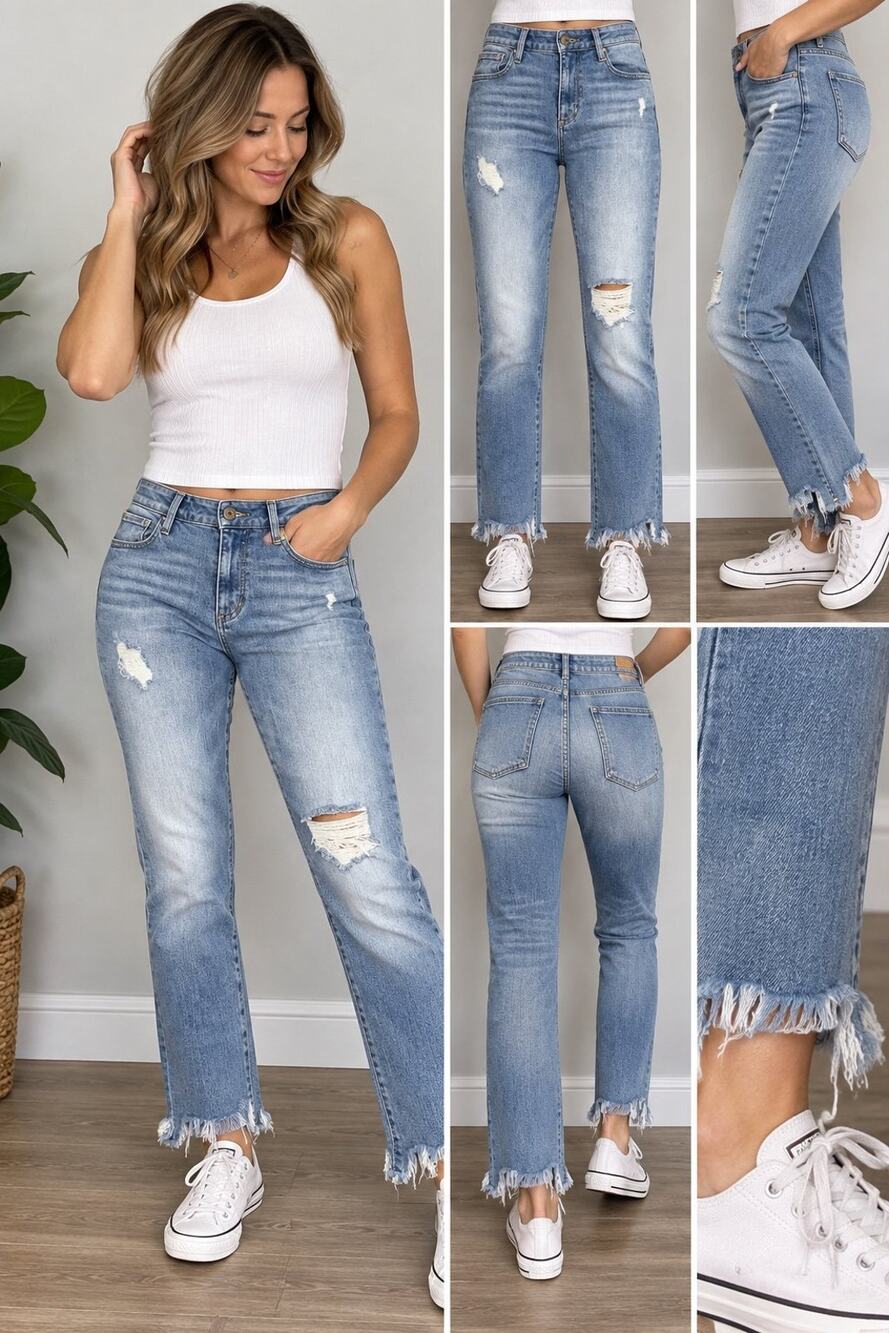 Arizona Jean Co Women’s Size 9 Distressed Straight Leg Jeans Raw Hem